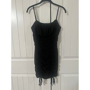 Blashe Black Ruched Bodycon Mini Dress M Spaghetti Strap Cowl Neck Adjustable
